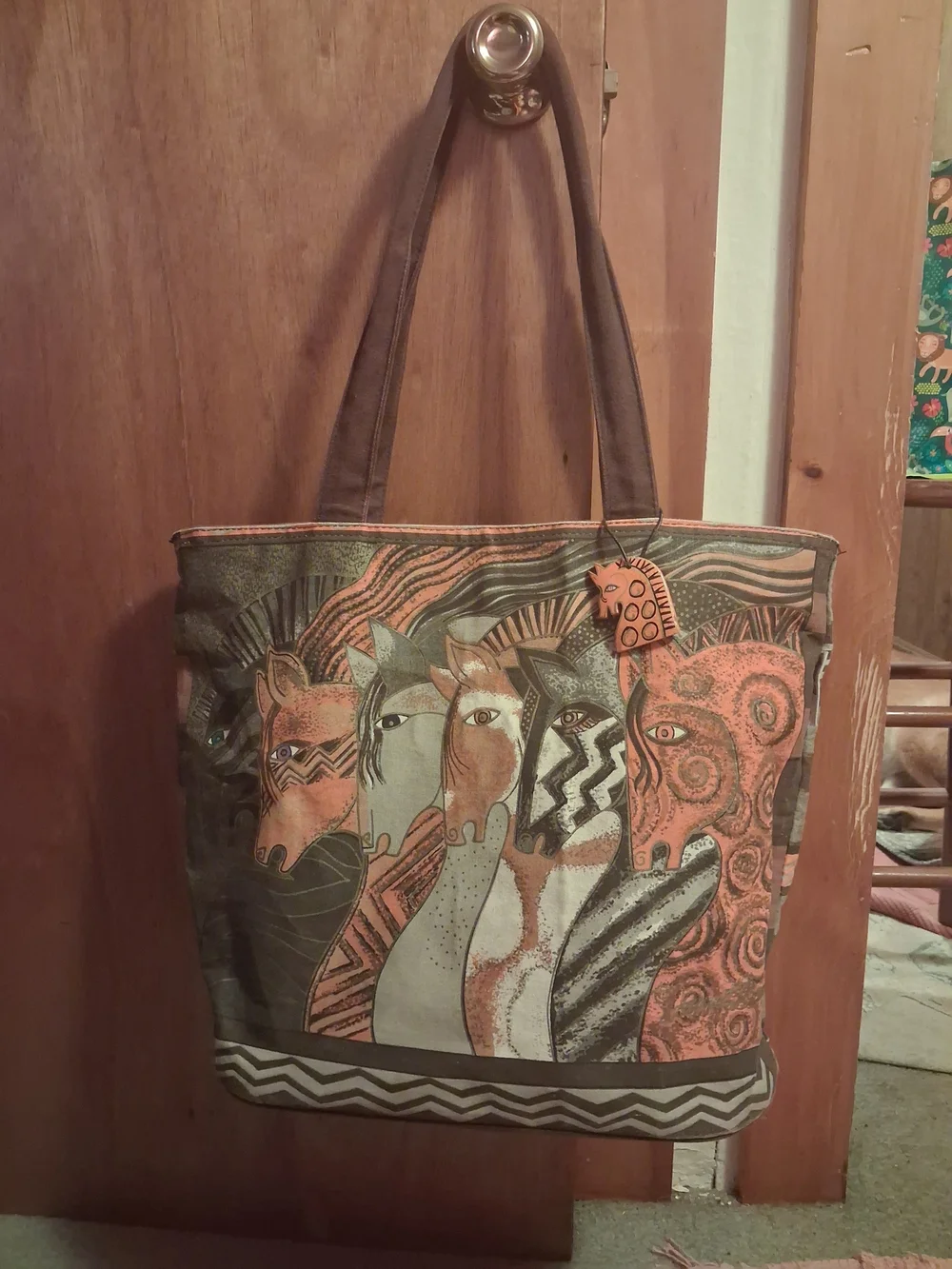 Laurel Burch Multicolor Horse Parade Canvas Tote — Orange, Brown, Green